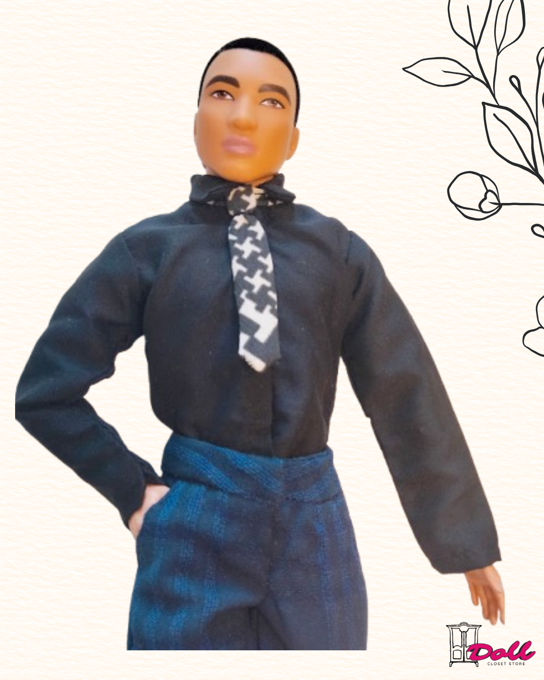 Black Long-Sleeve Dress Shirt with Tie for Ken Doll